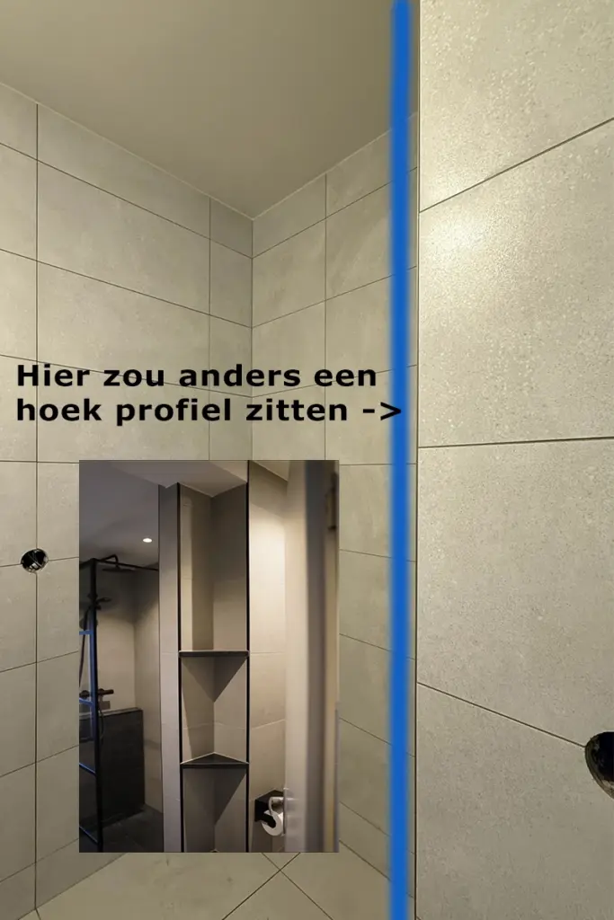 Badkamer vergelijking: verstek geslepen tegelhoek zonder profiel vs standaard hoekprofiel