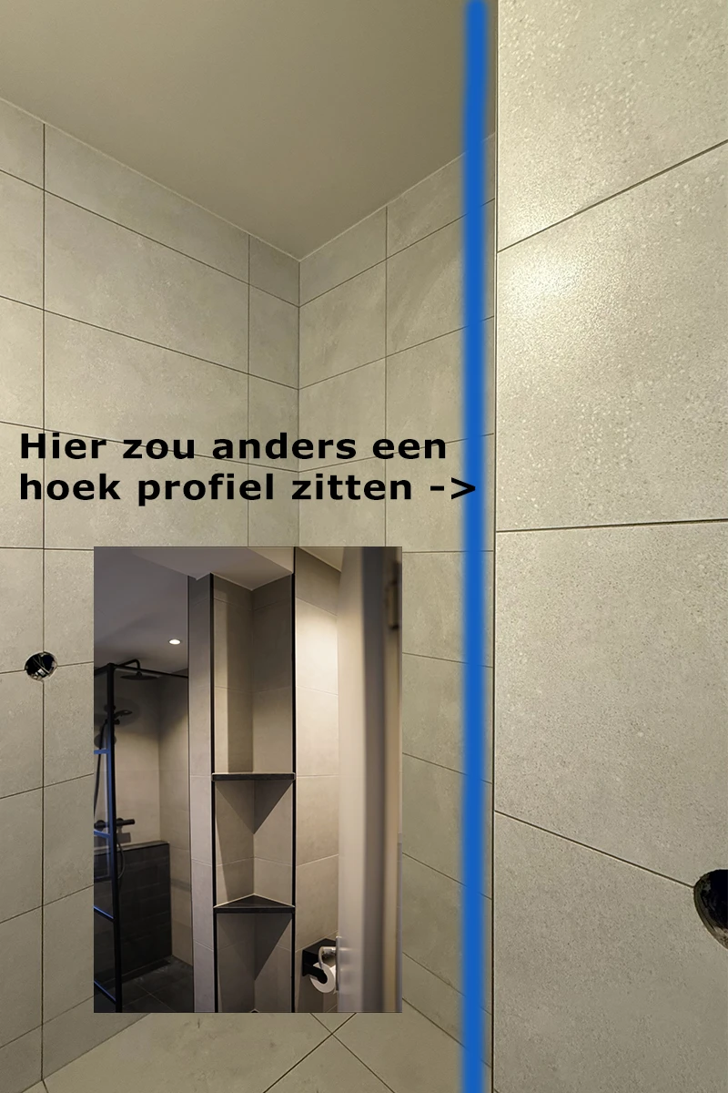 Badkamer vergelijking: verstek geslepen tegelhoek zonder profiel vs standaard hoekprofiel