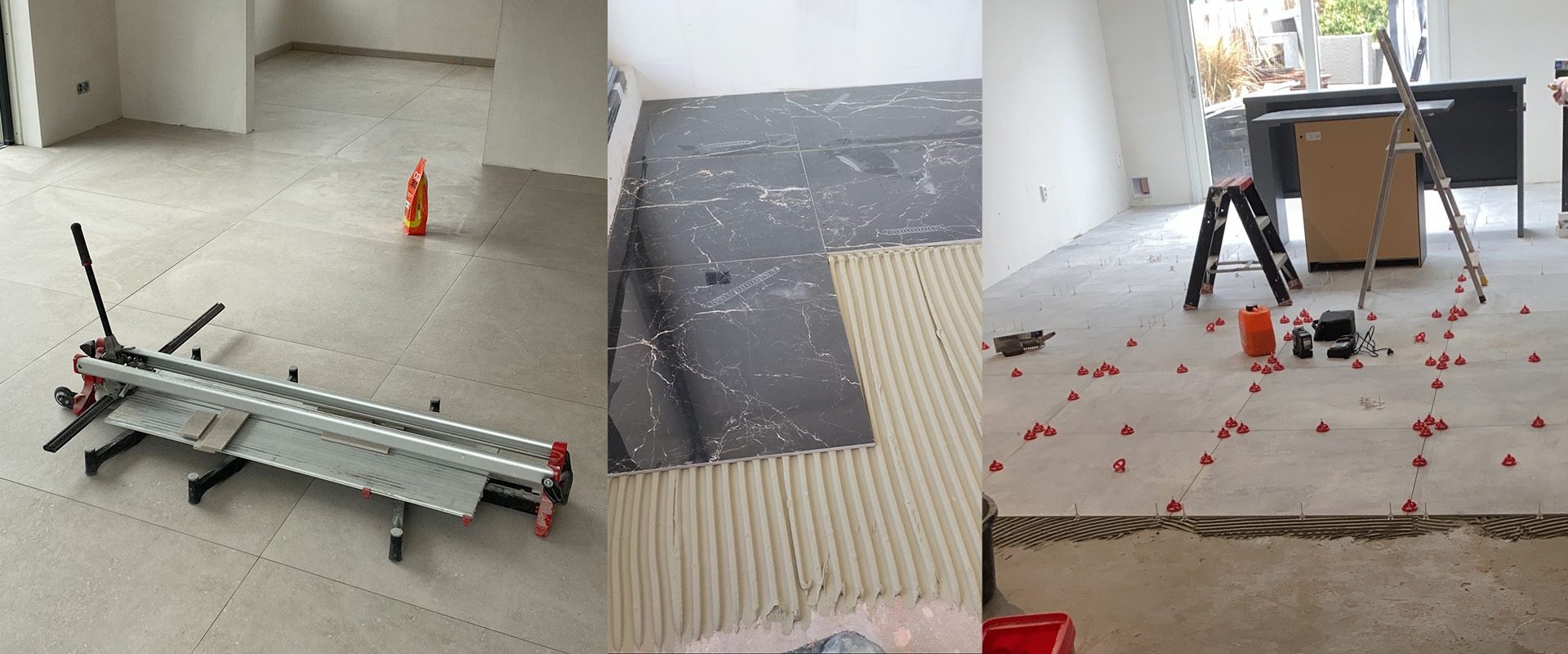 Collage van drie beelden van tegelwerkprojecten, met onder andere zwarte marmerlook vloertegels, een professioneel leveringssysteem en een tegelsnijmachine in gebruik bij de klant.